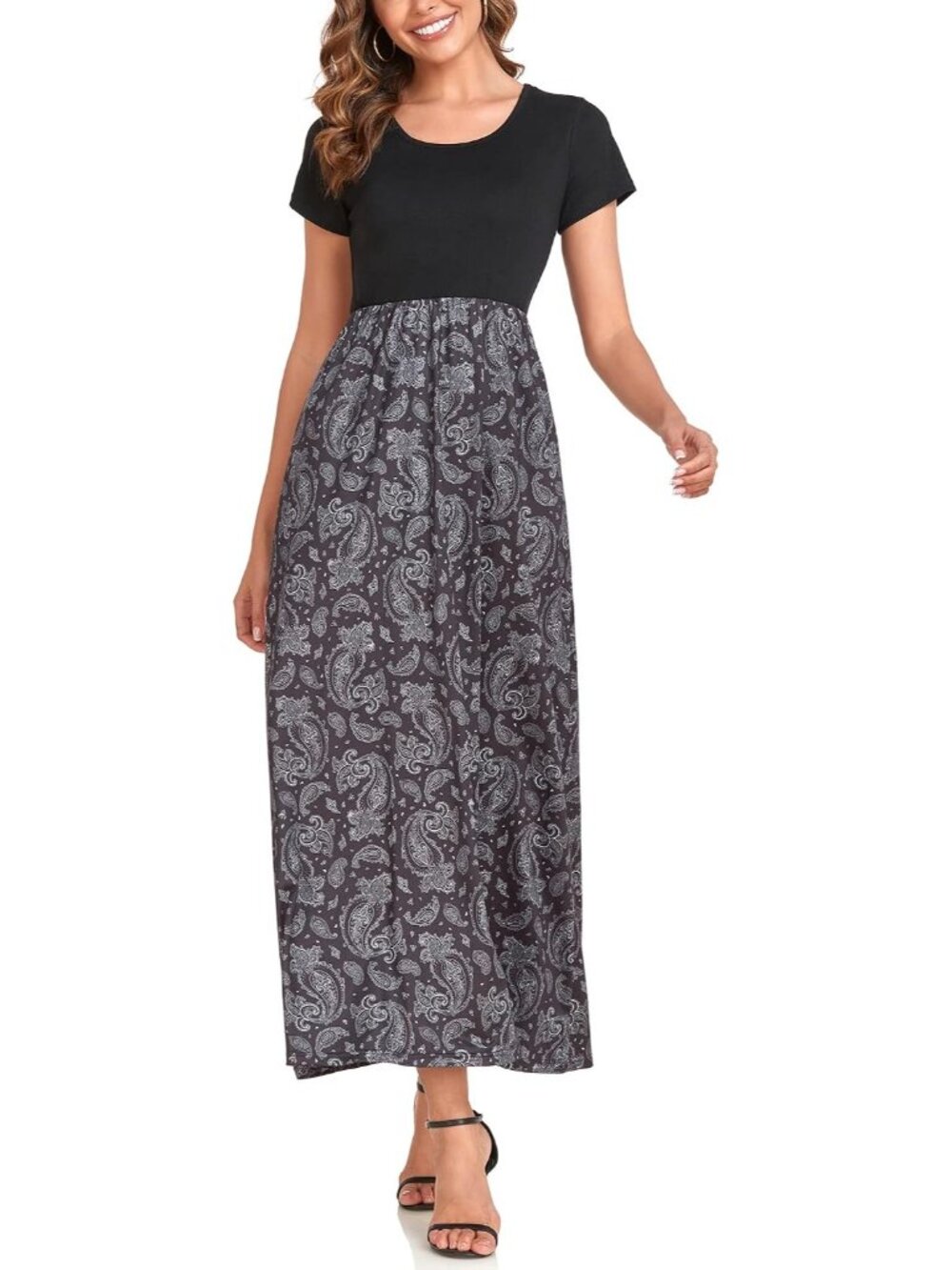 Summer Maxi Dress Short Sleeve Casual Flowy A-Line Elastic Waist